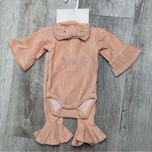 RZ Baby Pink Ribbed Velour Three Piece Set Romper Headband Pant size 3-6 months